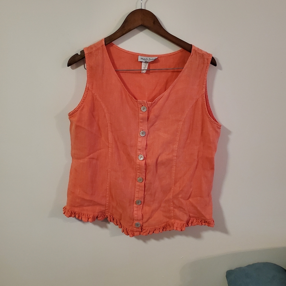 Match Point 100% linen lettuce hem button down tank top size Medium orange